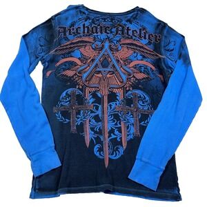 Archaic Shirt Men XL Blue Thermal Waffle Knit Y2K MMA Cross Wings AOP Cyber *